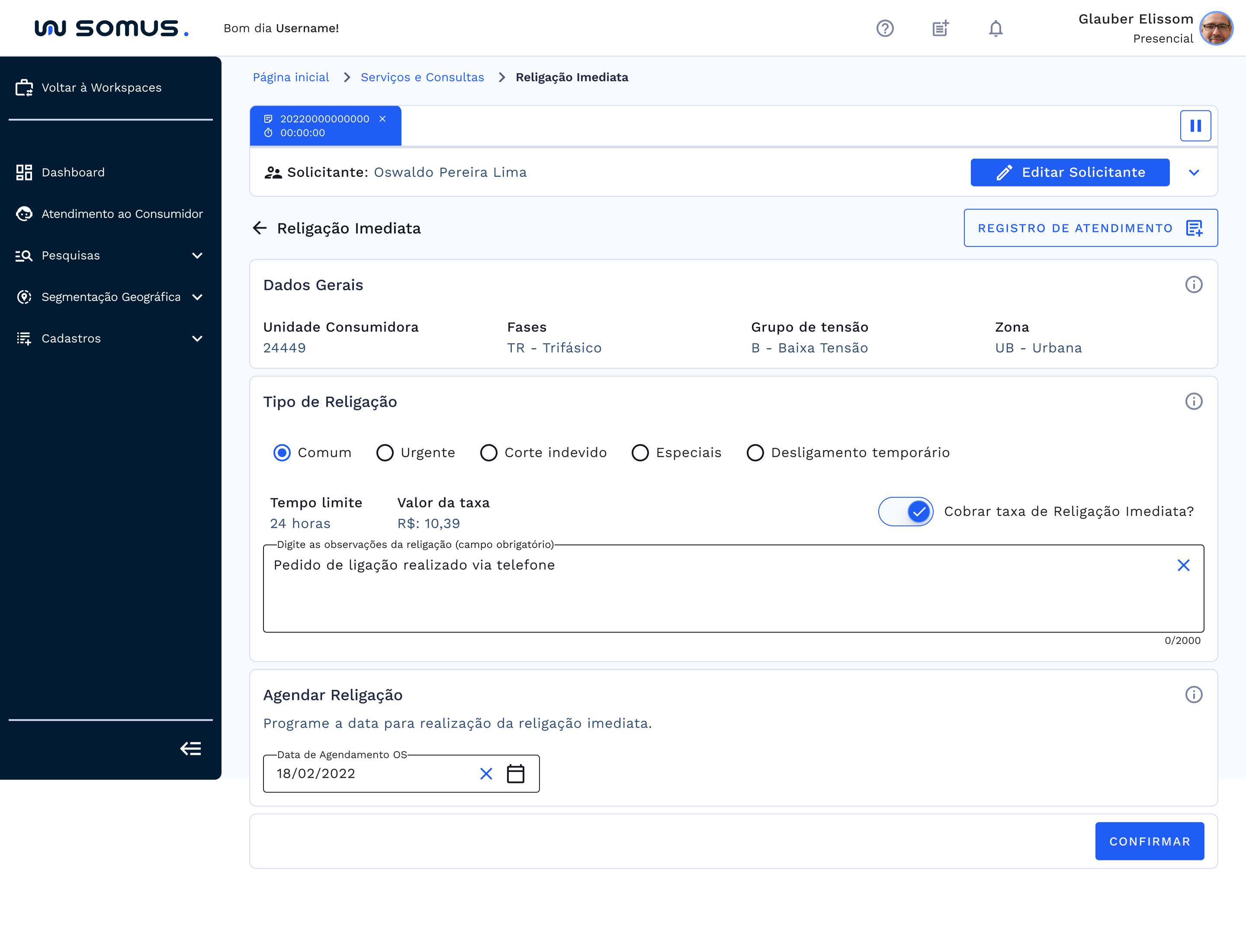 Tela de Religação Imediata