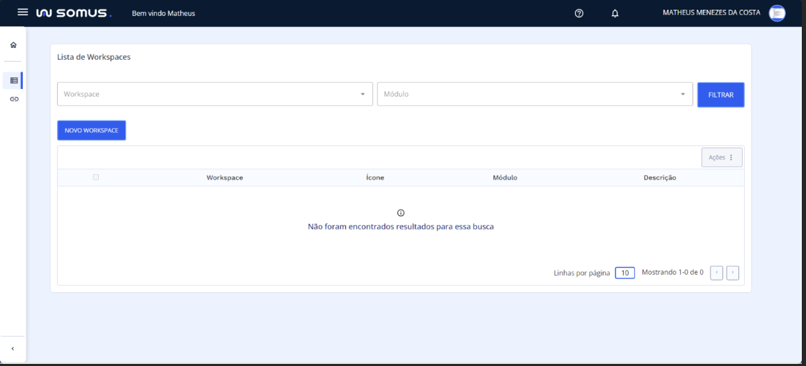 Lista de Workspaces: Sem workspaces cadastrados