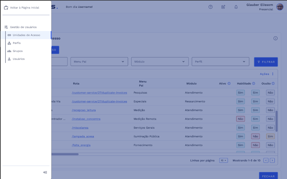 Menu: Gestão de Usuários - Unidades de Acesso