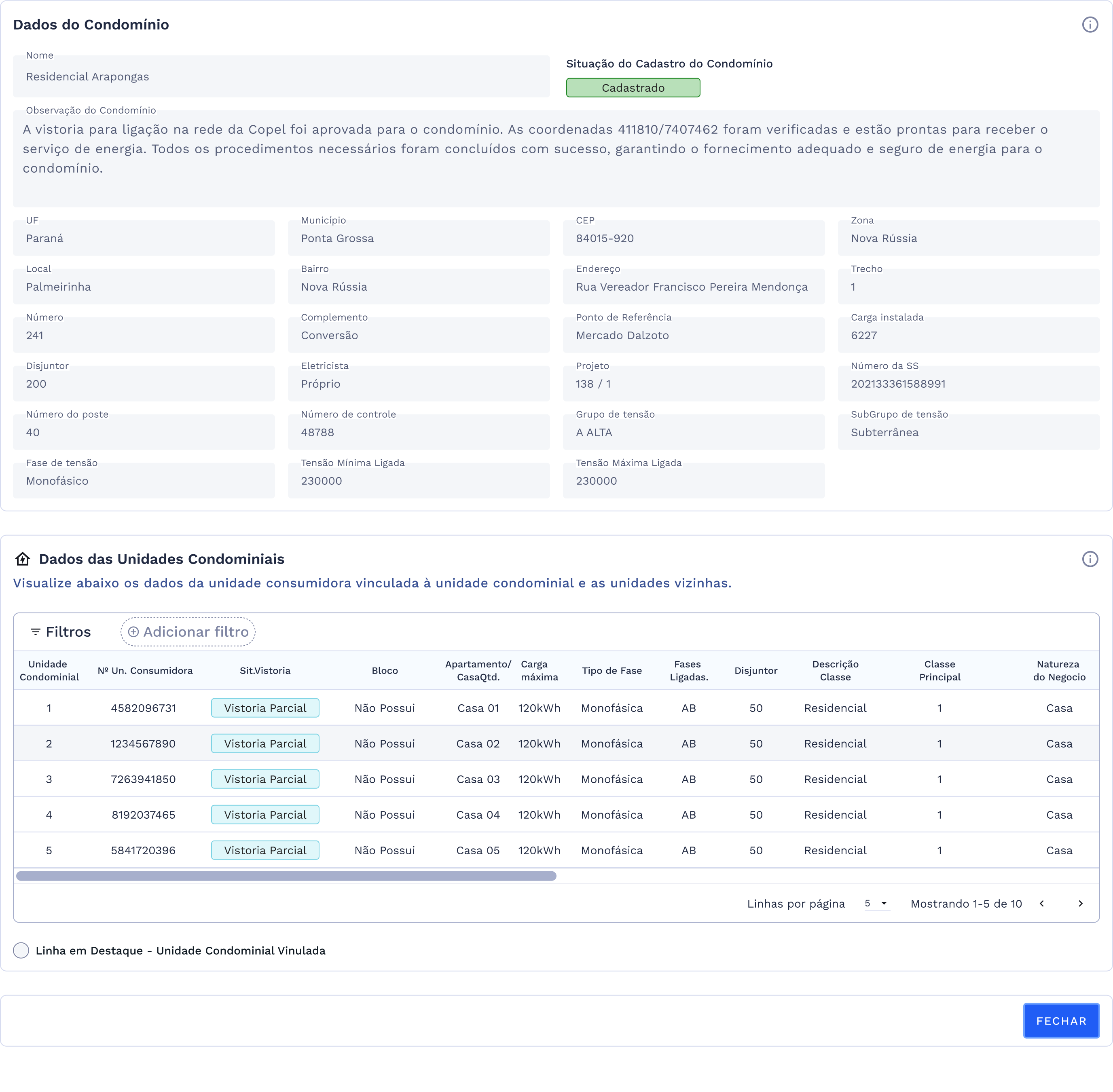 Tela de Consultar Cadastro de Condomínio com vínculo existente