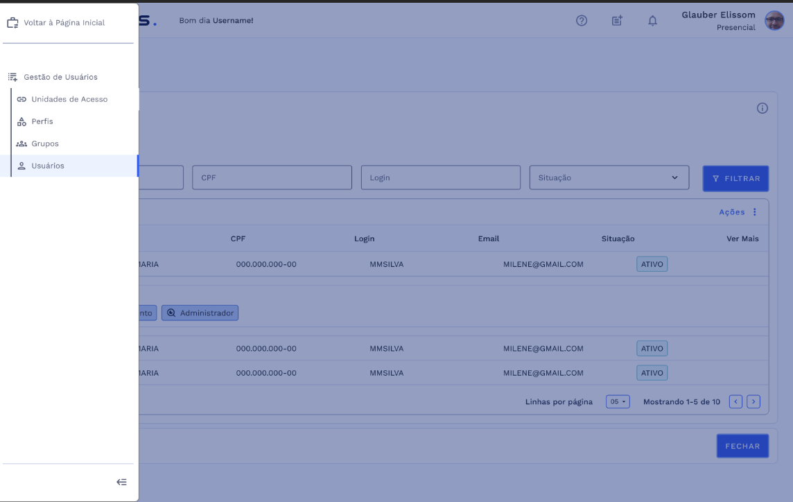 Menu: Gestão de Usuários – Usuários