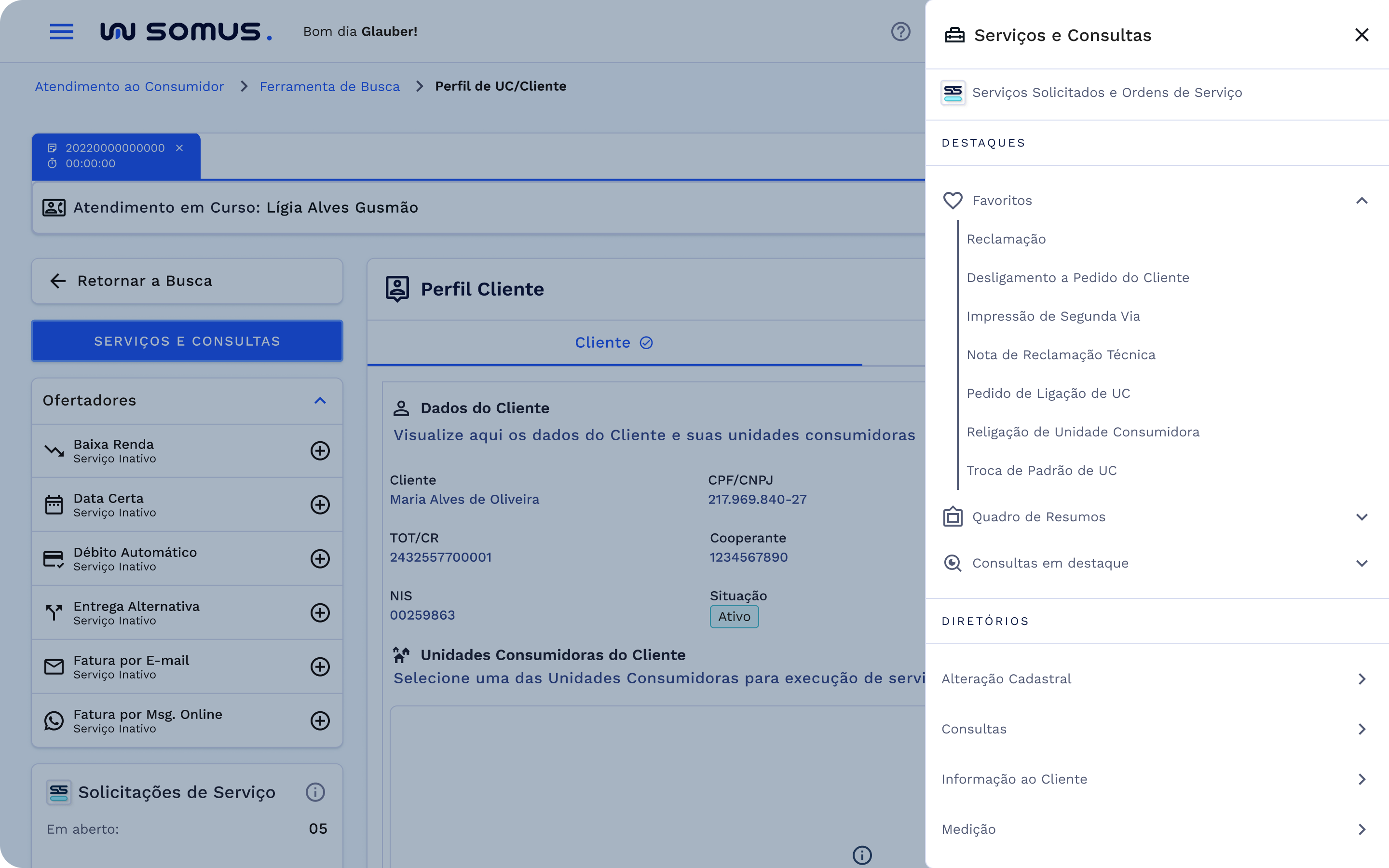 Caminho de acesso pelo botão e menu de serviços e consultas