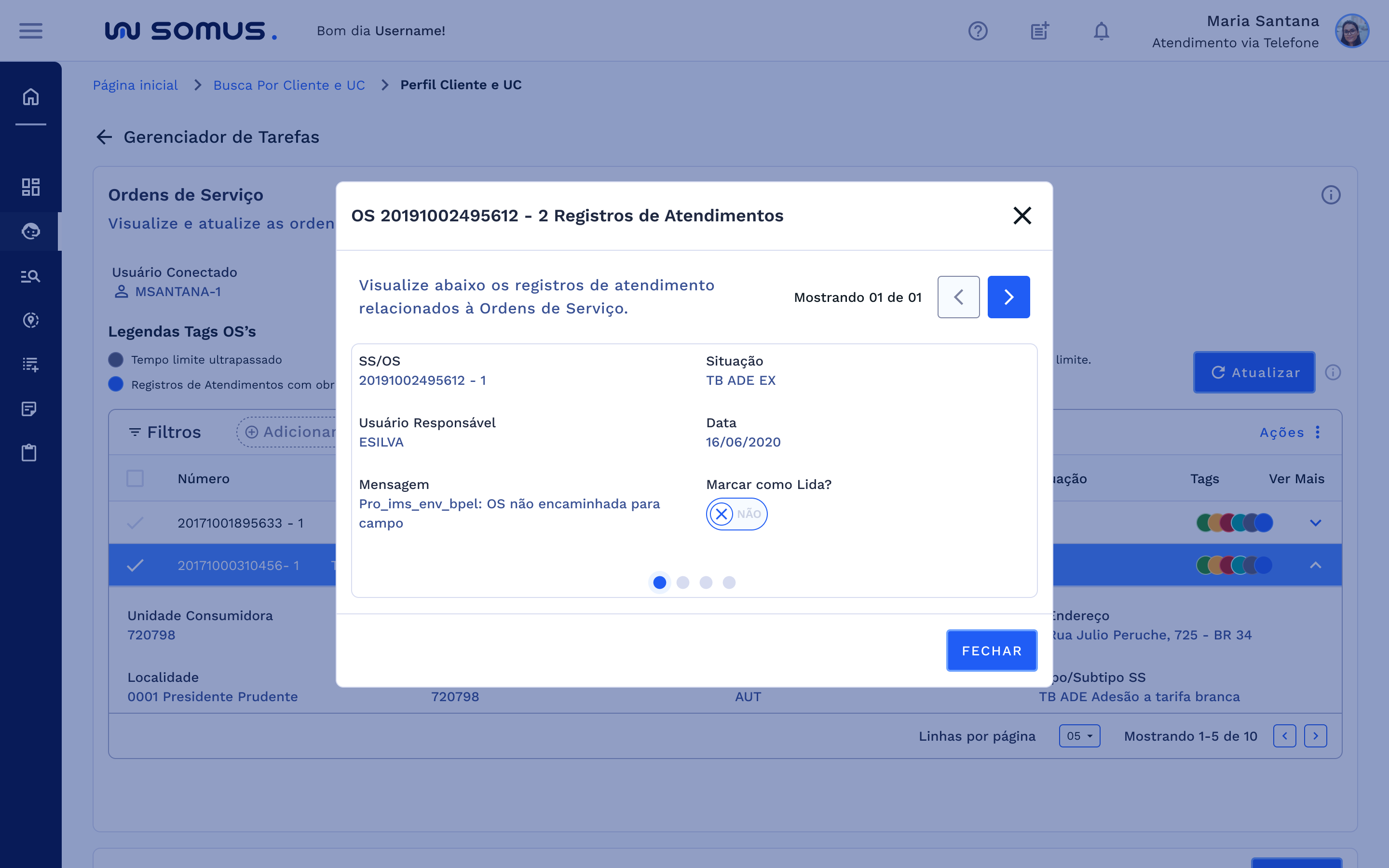 Registro de Atendimento – Mensagens vinculadas