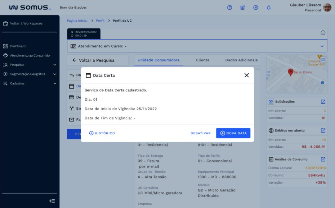 Janela contendo a validação que o serviço de data certa está ativo e com o detalhamento sobre a data cadastrada