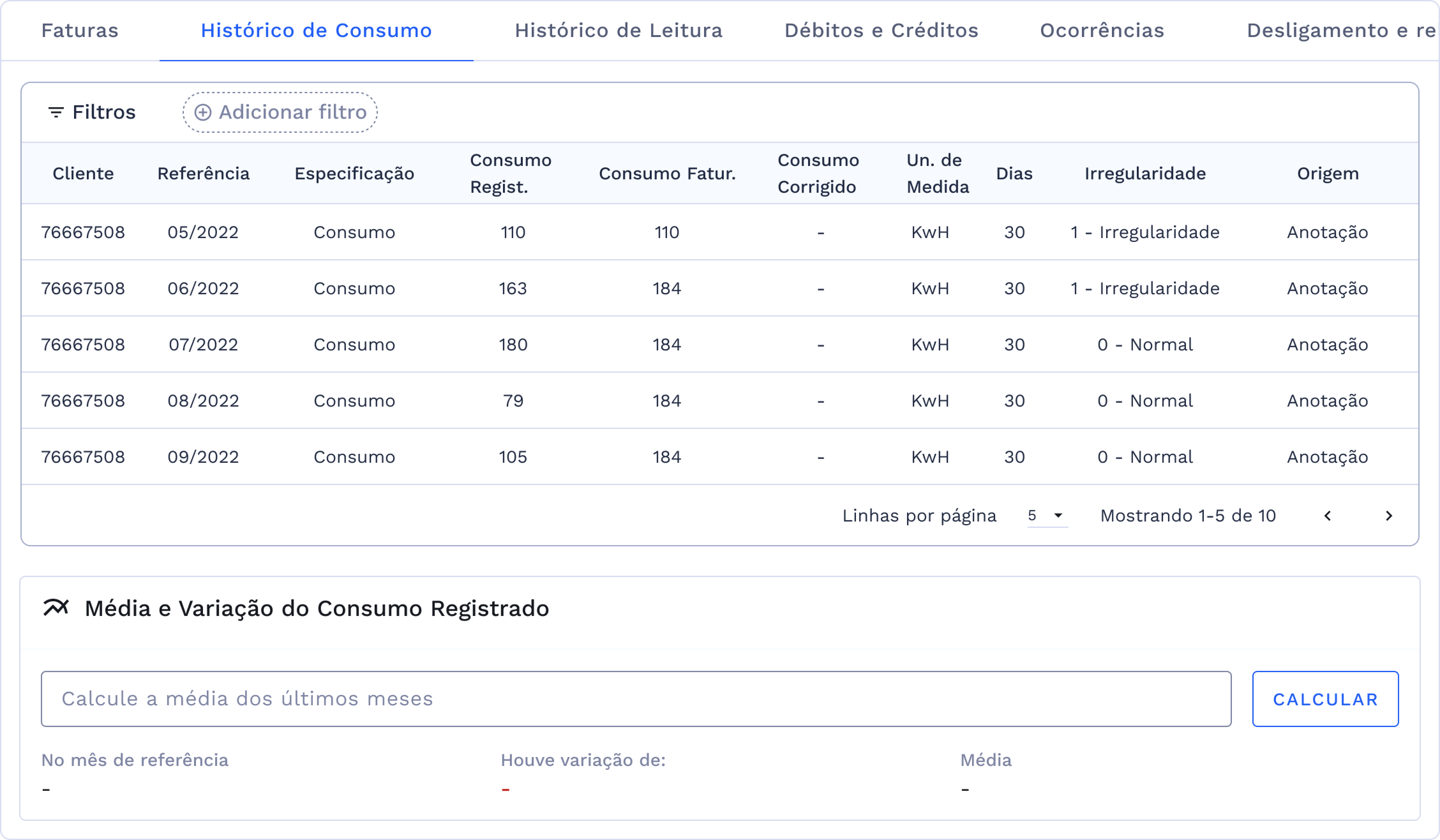Tabela do histórico de consumo e cálculo relativo aos últimos 12 meses