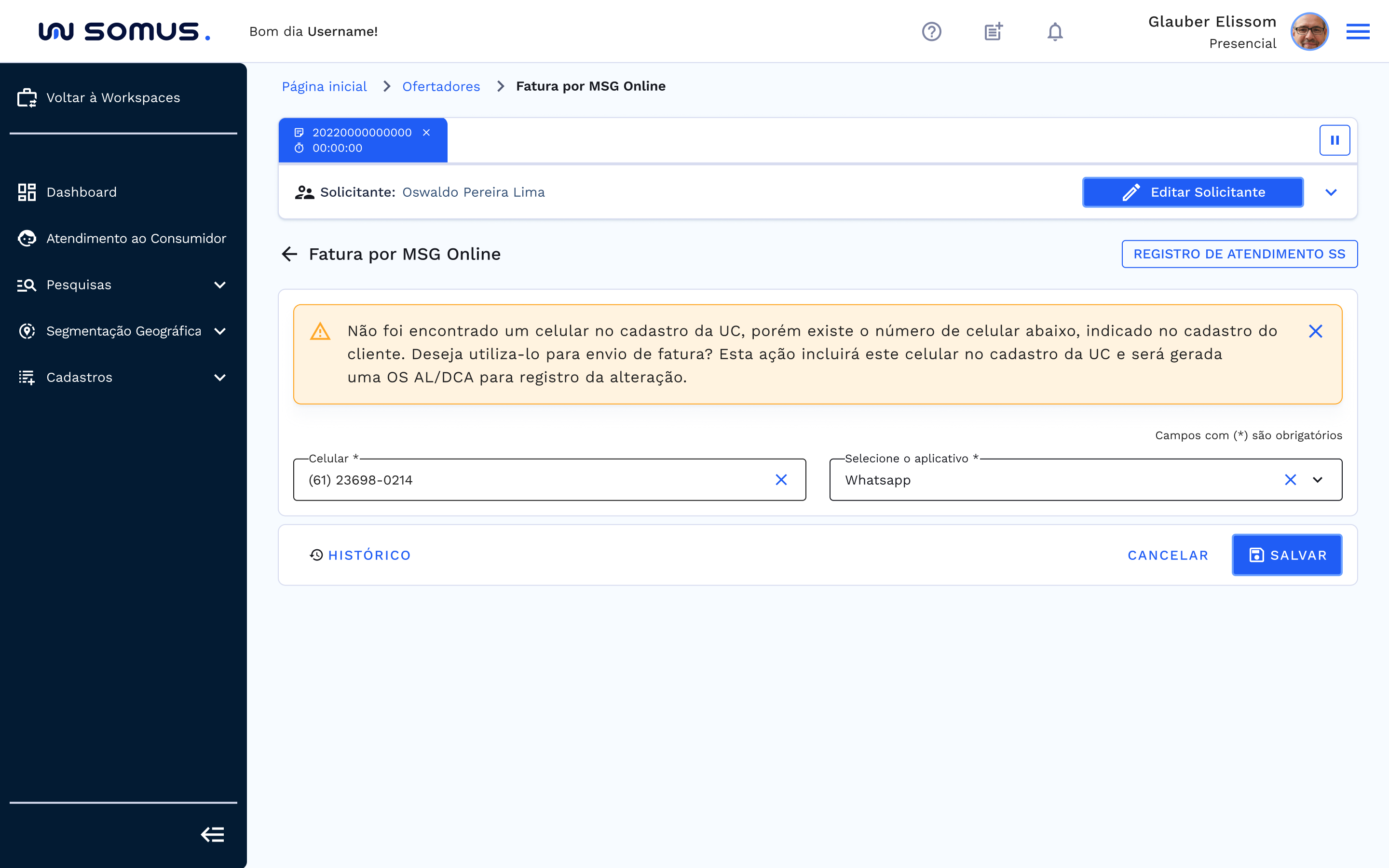Tela de Alteração Cadastral – Fatura por mensagem online