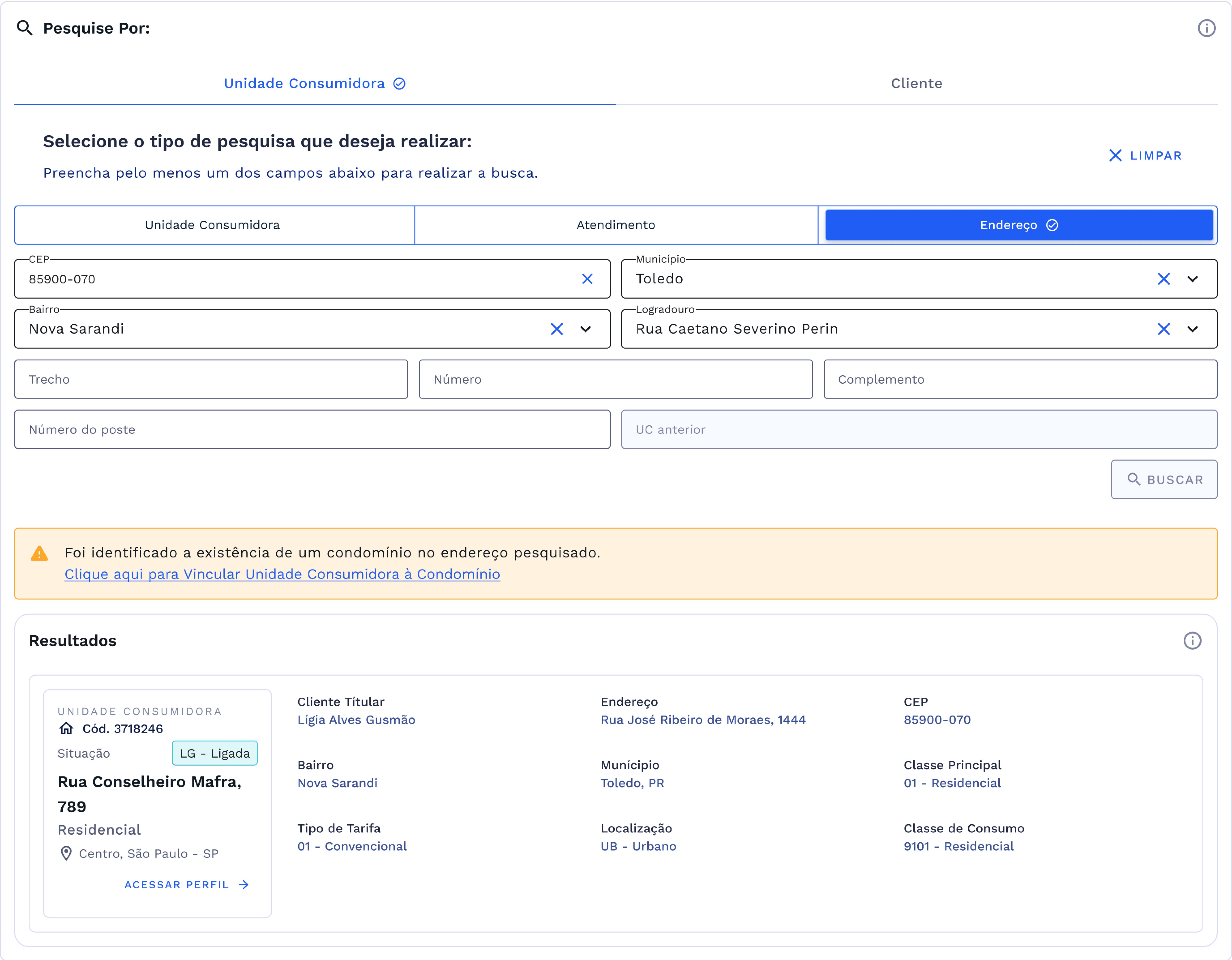 Alerta de inexistência de vínculo