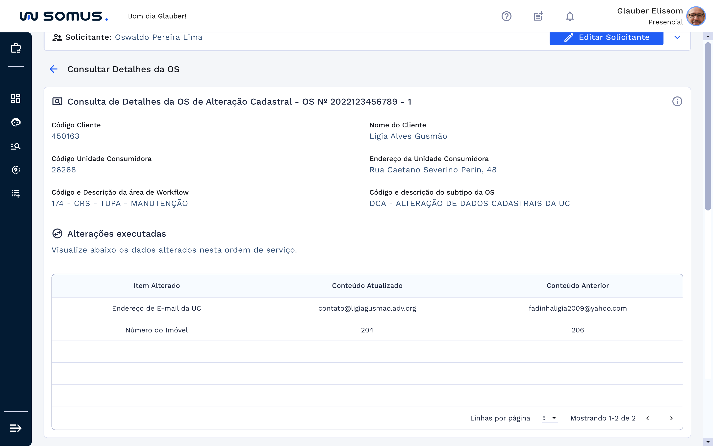Janela de detalhamento da ordem de serviço
