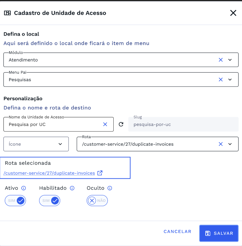 Tela de Cadastro: Rota Selecionada