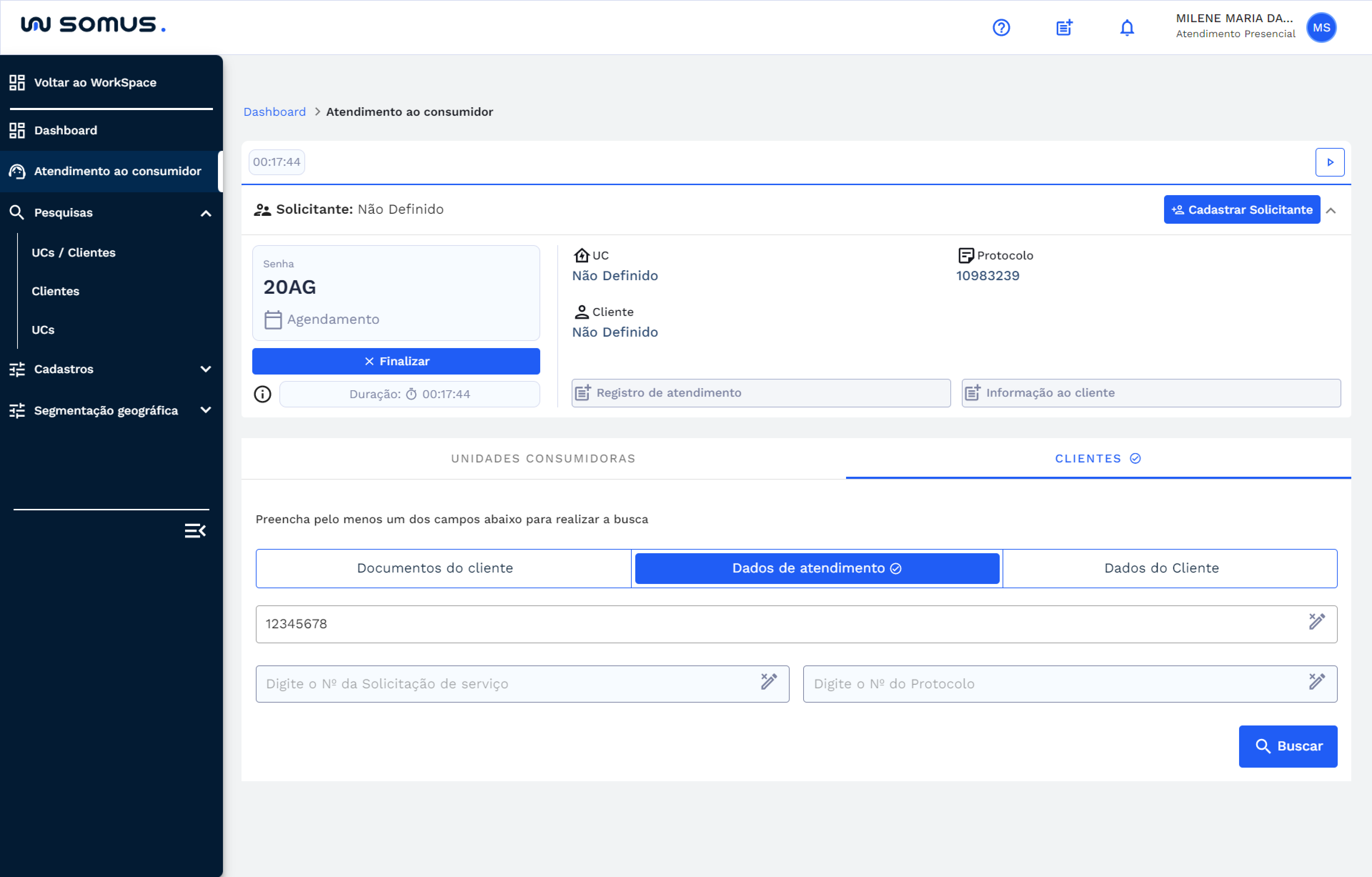 Busca por atendimento na opção de cliente