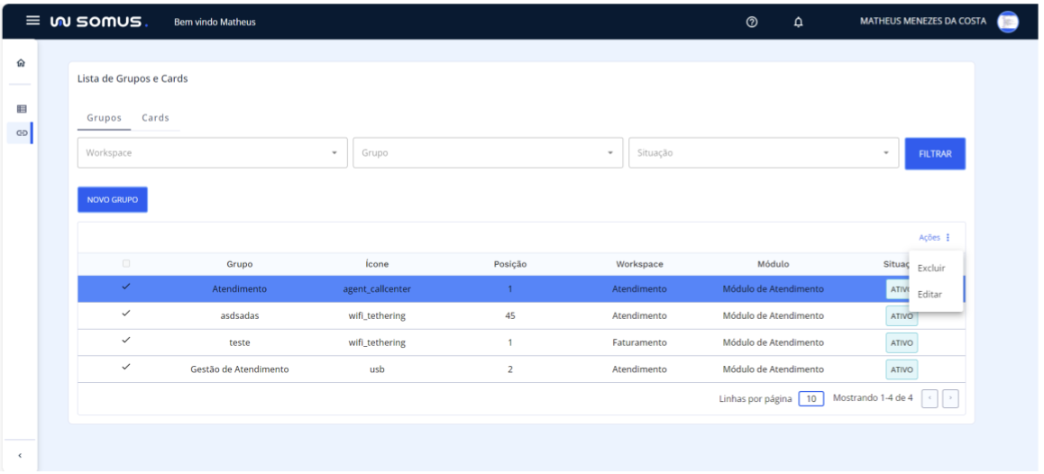 Ações: Editar e Excluir