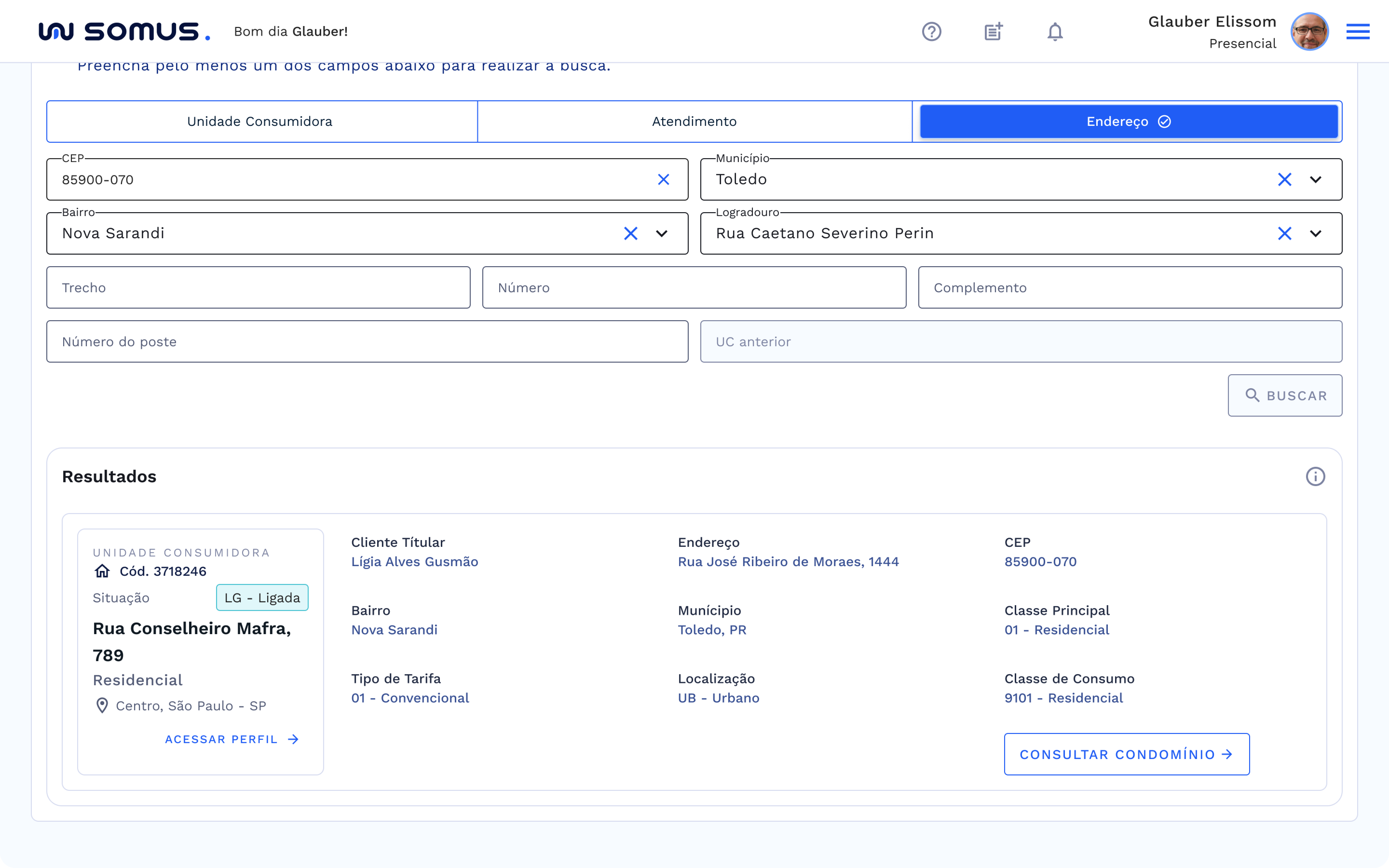 Vínculo com condomínio encontrado: Acesso padrão: Acessar Perfil e Acesso rápido: Consultar Condomínio