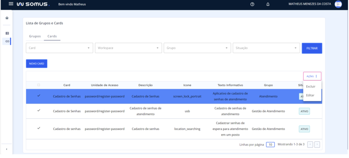 Ações: Editar e Excluir