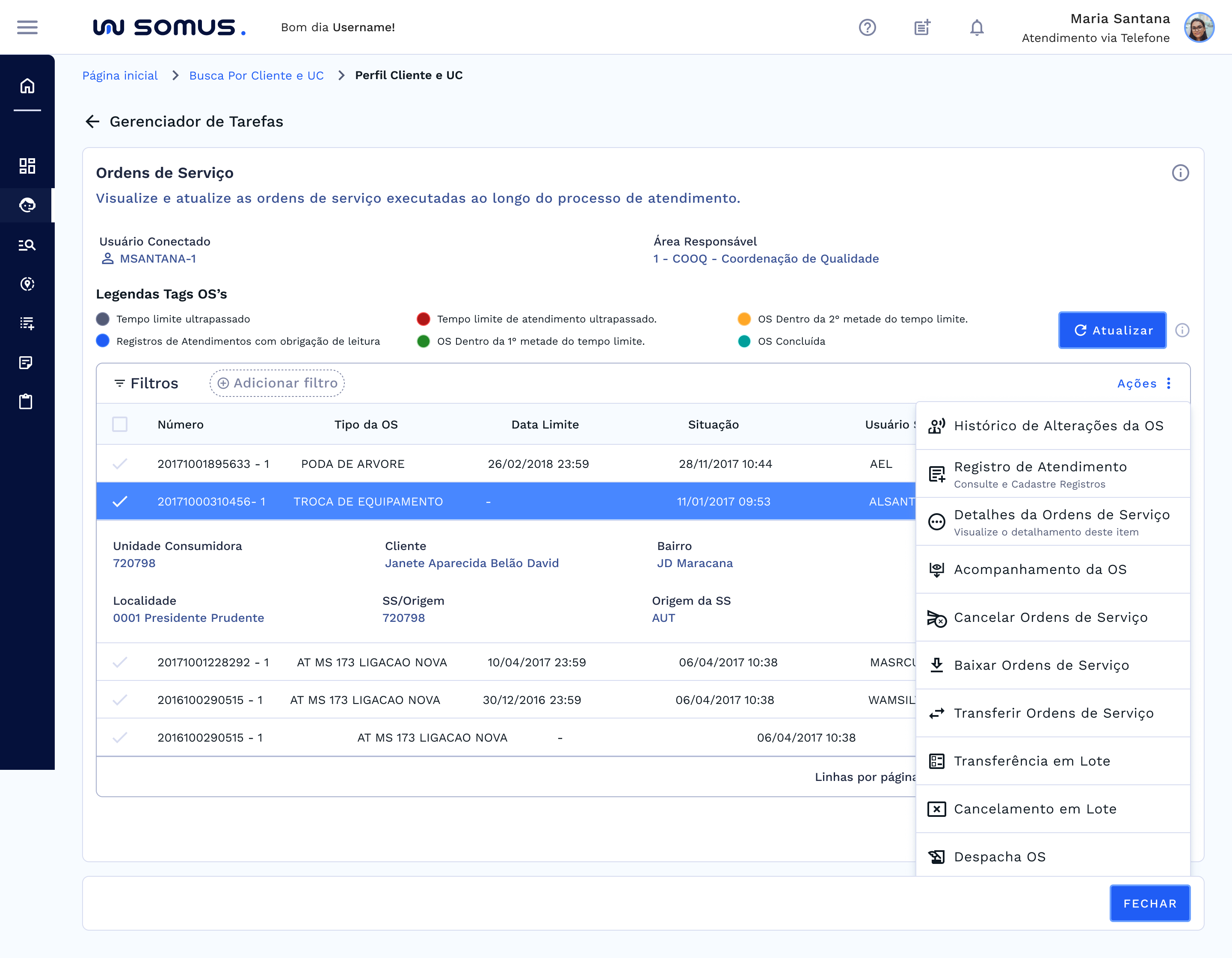Lista de Ações disponíveis