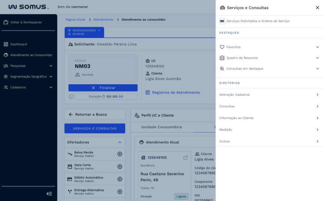 Caminho de acesso pelo botão e menu de serviços e consultas