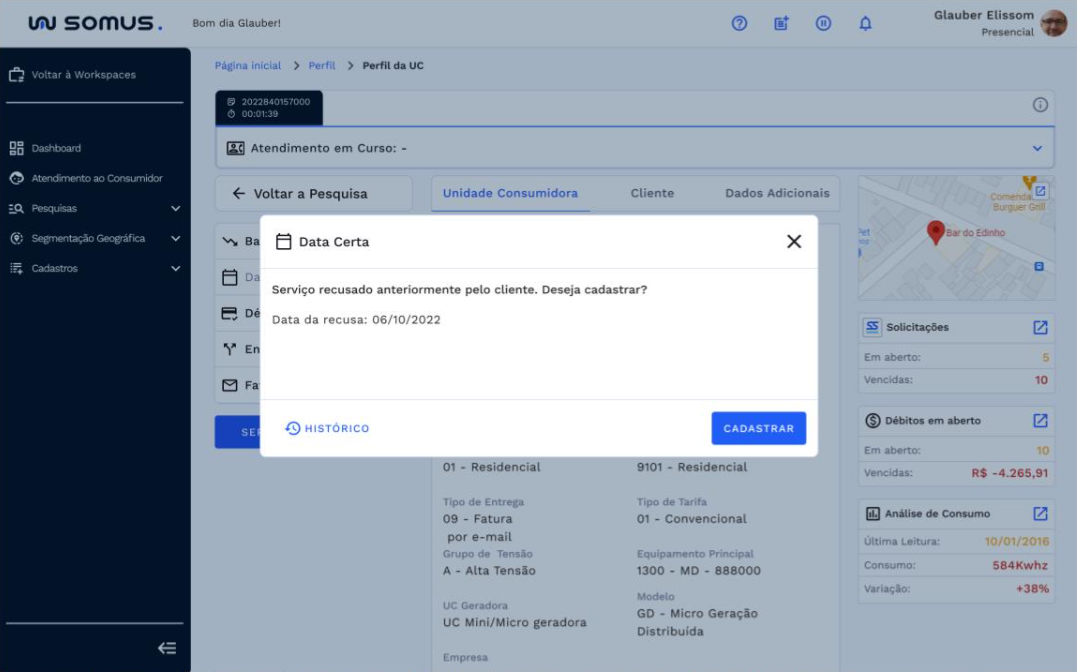 Tela de data, relativo ao cadastro do serviço no estado recusado anteriormente