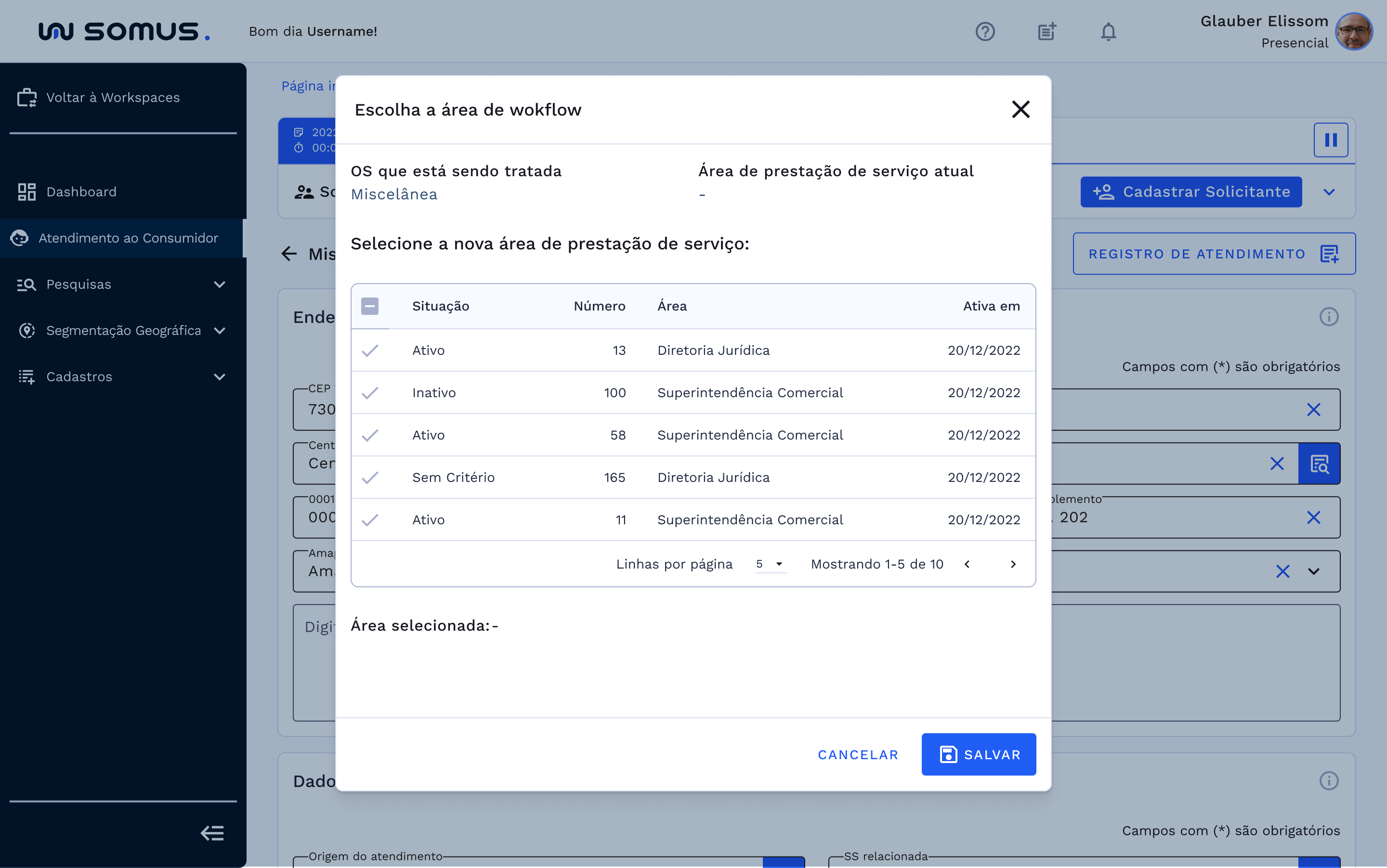 Escolha da área de workflow