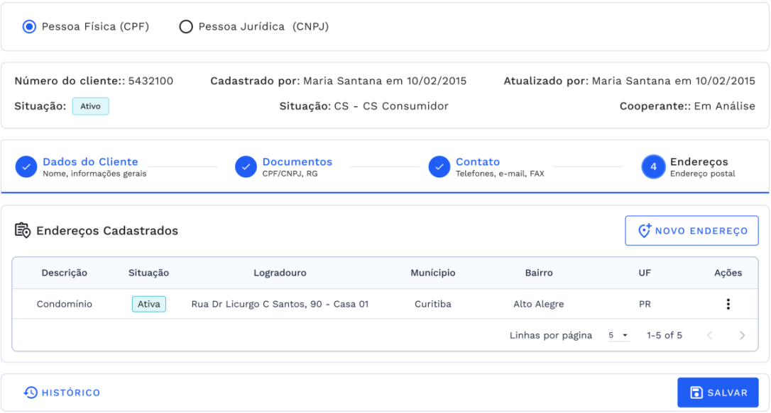 Listagem de endereços vinculados ao cliente