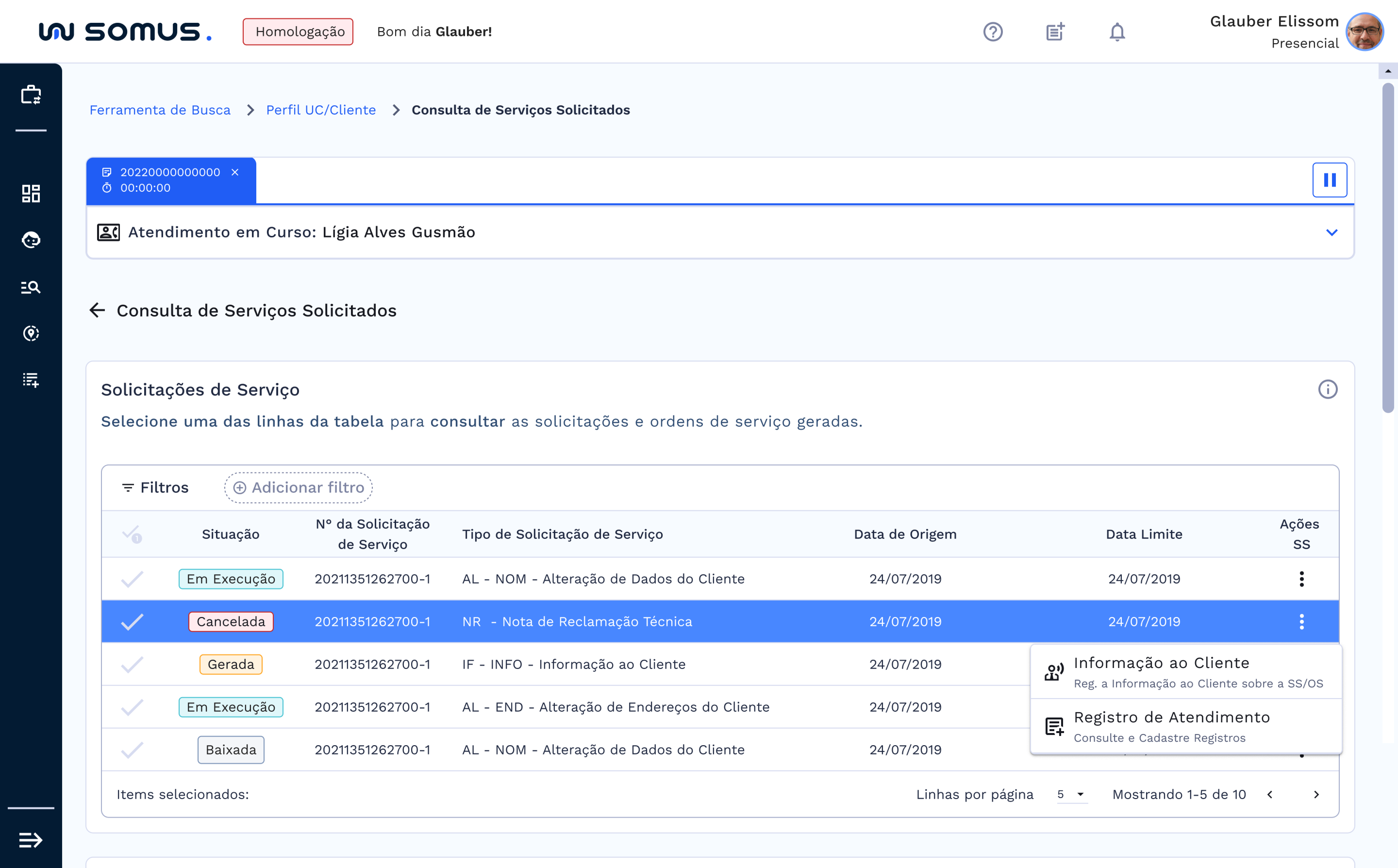 Ações de serviços vinculados as solicitações de serviços