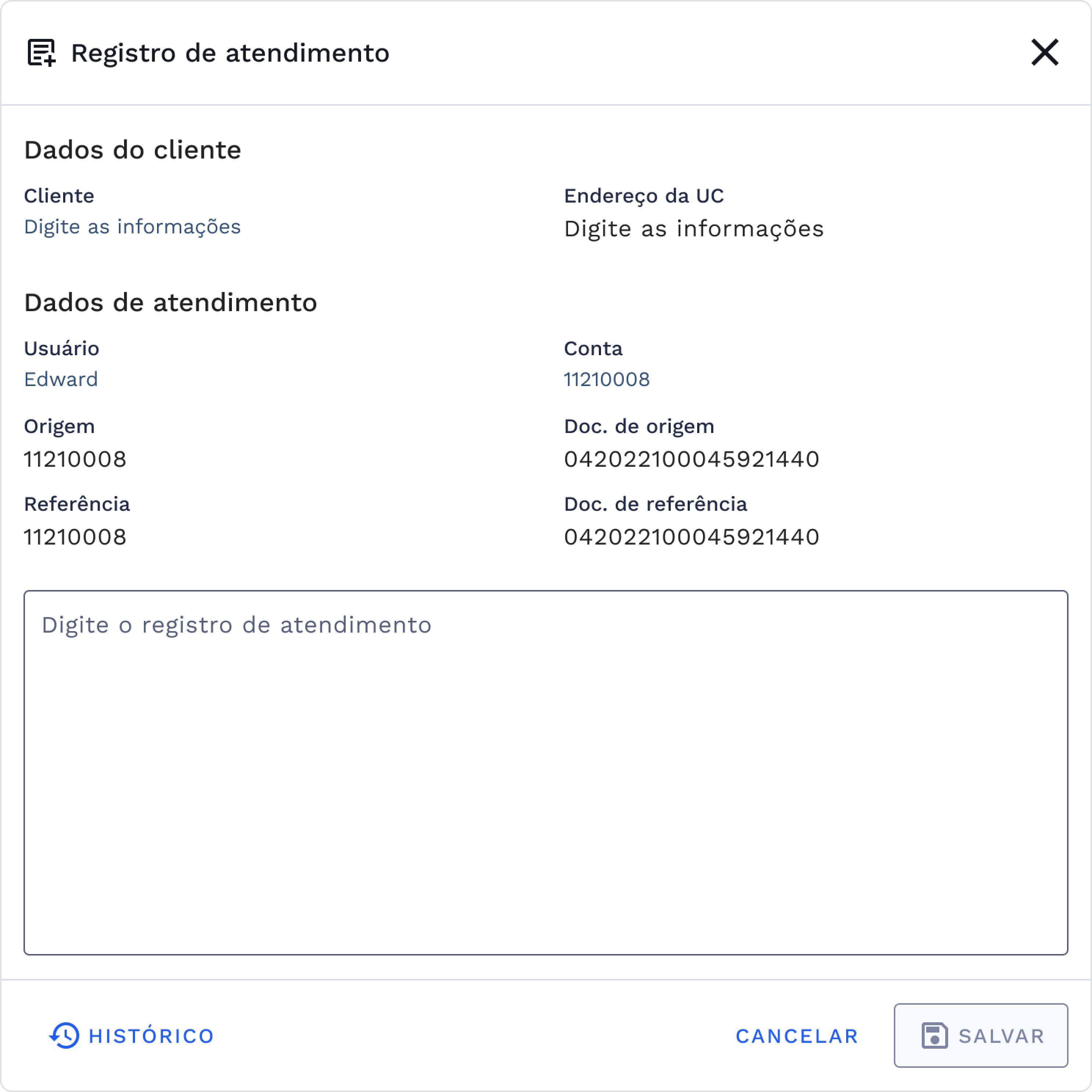 Quadro de Registro de Atendimento