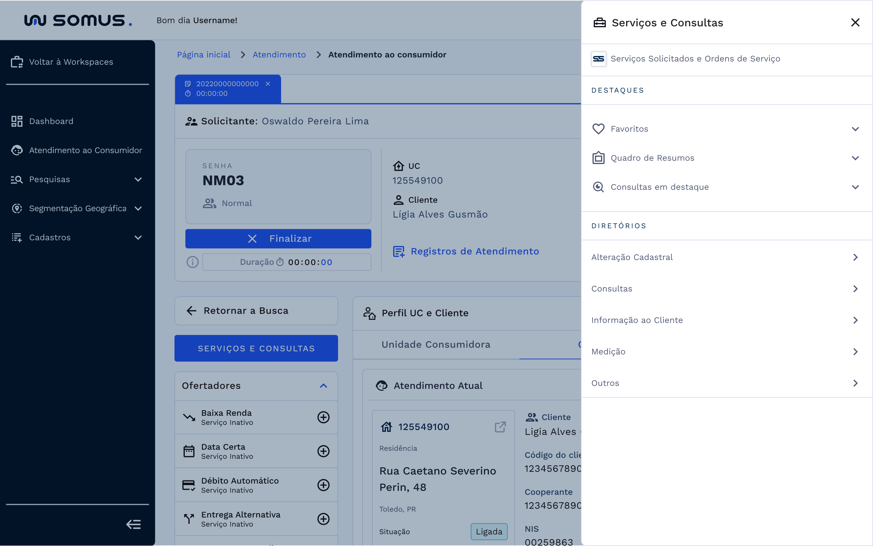 Caminho de acesso pelo botão e menu de serviços e consultas