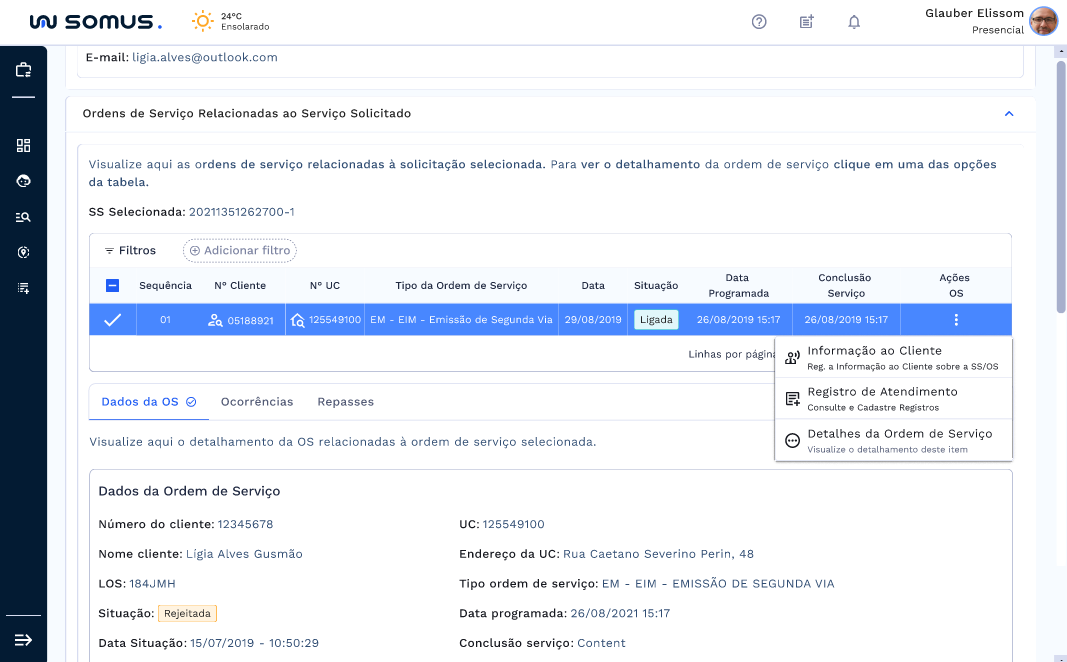 Ações de serviços relacionados a ordens de serviço